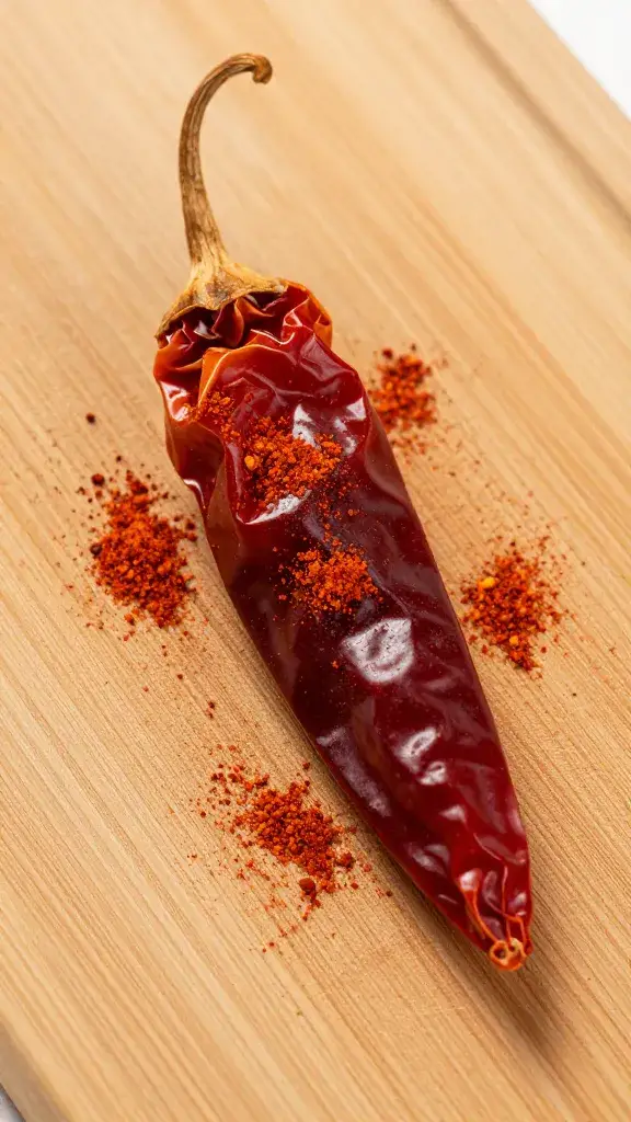 single dried ancho chile dusted on cutting board