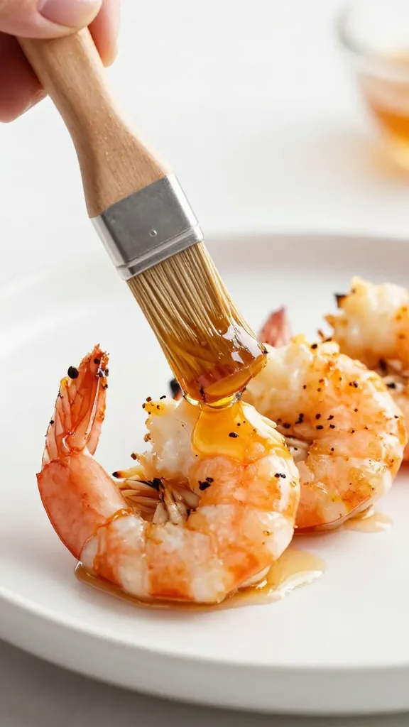 pastry brush painting ancho honey on grilled shrimp