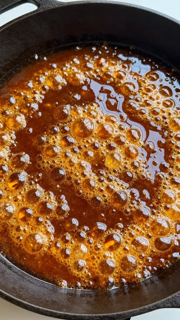 cast-iron skillet with bubbling ancho honey glaze