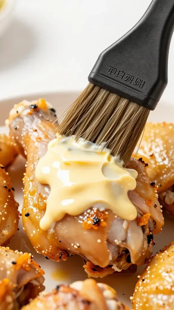 closeup brush mopping tandoori butter onto chicken thigh