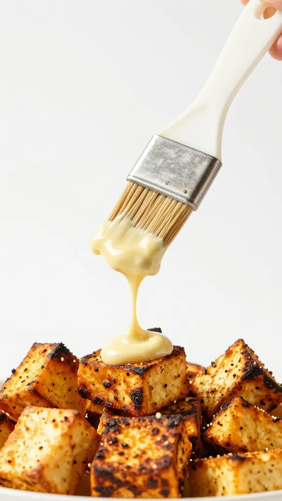basting brush dripping tikka butter over charred paneer cube
