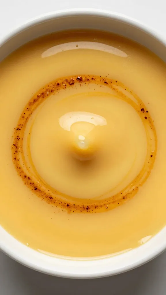 ghee-melted bowl with tikka spice swirl, overhead