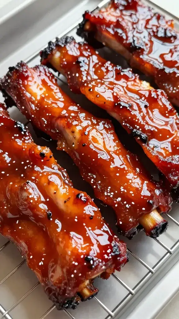 closeup rack of char siu ribs, glossy hoisin glaze