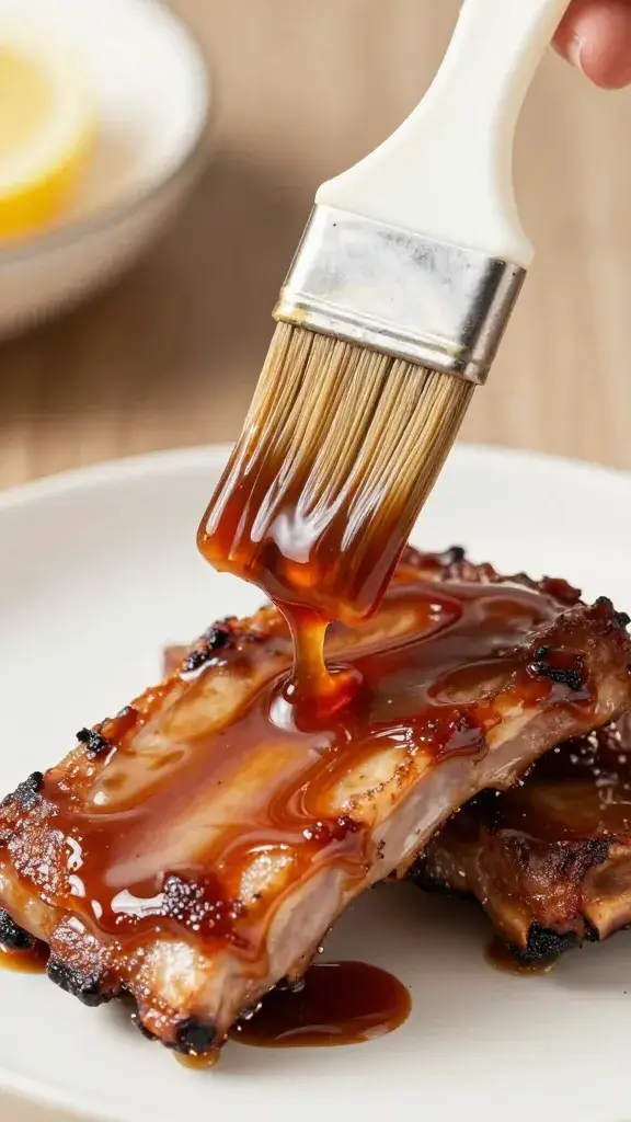 basting brush dripping hoisin glaze over rib surface