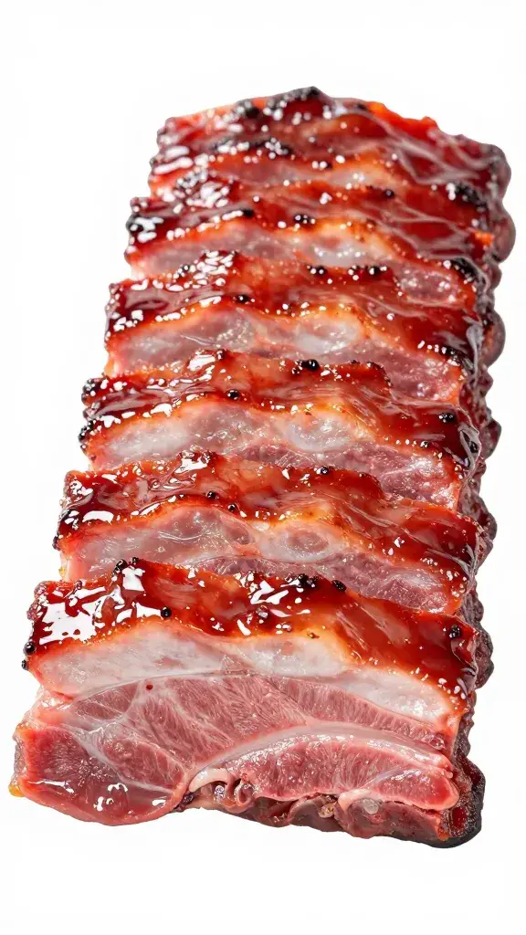 sliced rib cross-section, glistening glaze, visible smoke ring