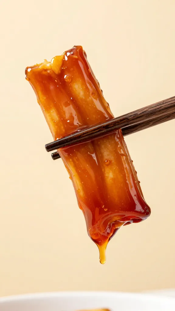 rib held with chopsticks, dripping lacquered sauce