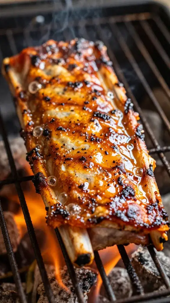 rib under broiler flames, surface bubbling, tight crop