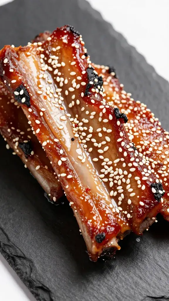 sesame-sprinkled char siu rib on black slate, closeup