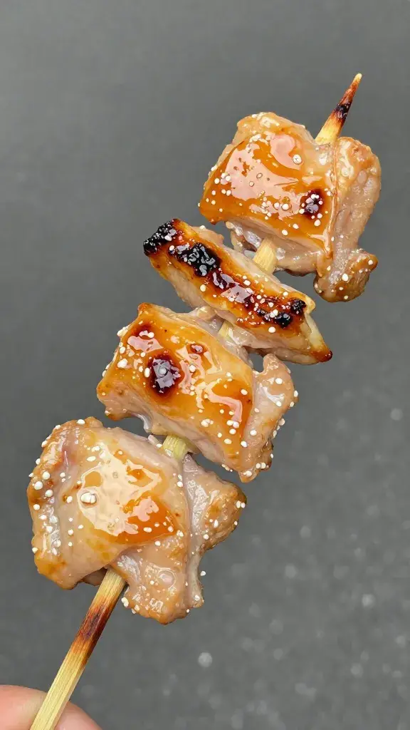 Glossy miso-ginger chicken yakitori skewer, closeup