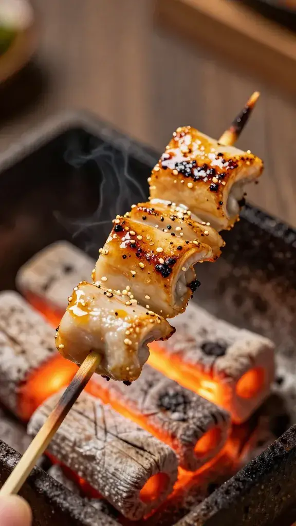 Single yakitori skewer over glowing charcoal, macro