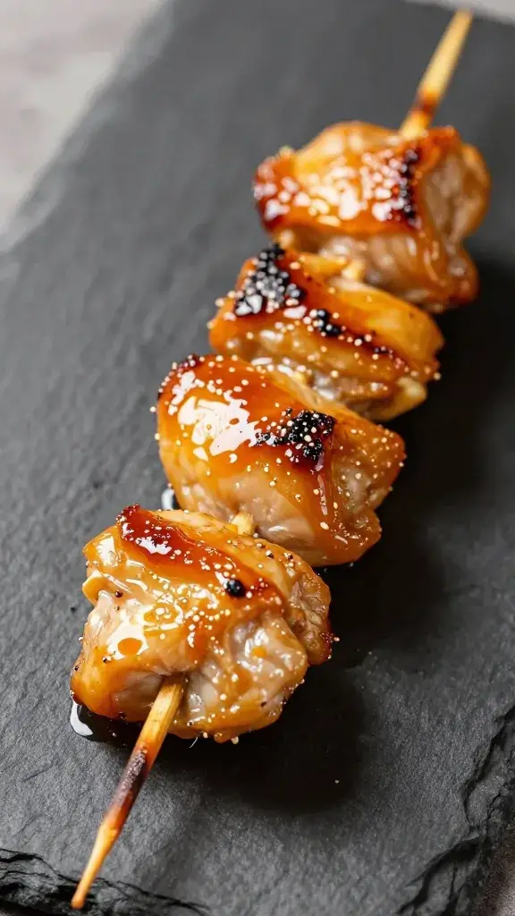 Caramelized chicken skewer on black slate plate, closeup