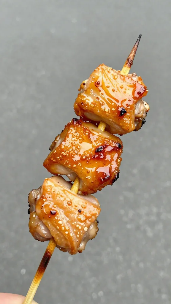 Single chicken thigh cube on skewer, caramelized edges