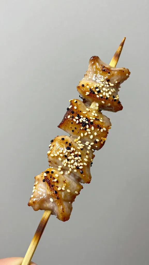 Yakitori skewer sprinkled with sesame, studio lighting
