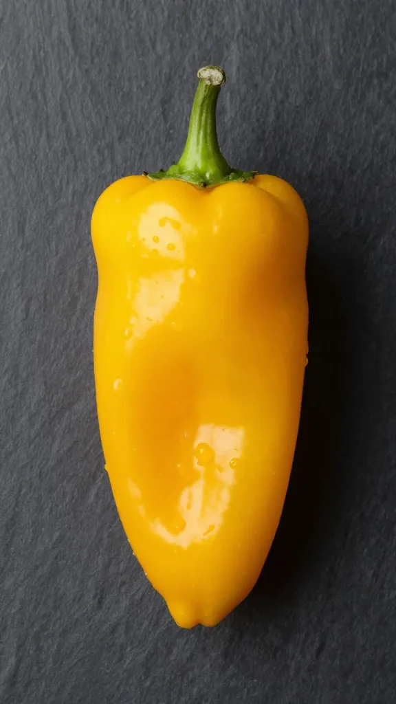 single yellow aji amarillo pepper on dark slate