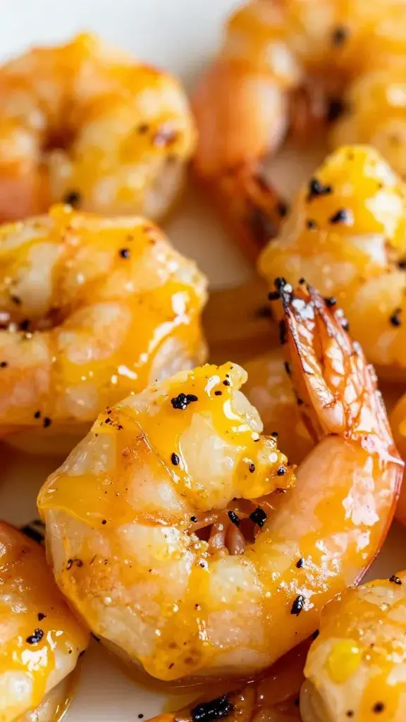 grilled shrimp brushed with aji amarillo glaze, closeup