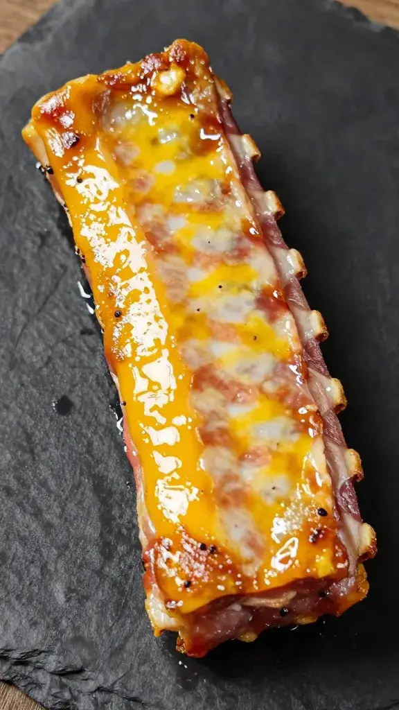 single glazed pork rib with glossy yellow-orange lacquer