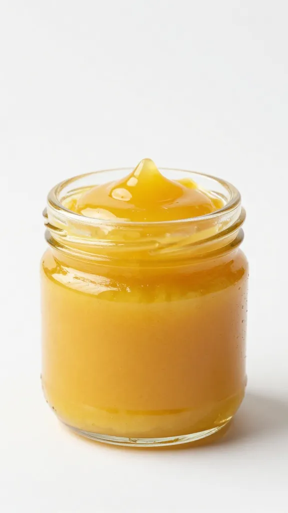 small glass jar of aji amarillo glaze, studio light