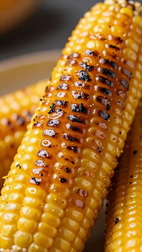 charred corn cob coated in aji amarillo glaze, closeup