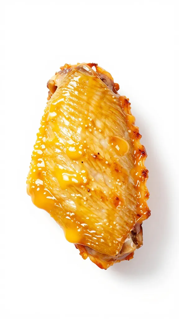 single grilled chicken wing, bright yellow glaze detail