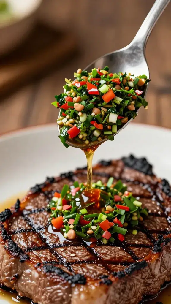 spoonful of chimichurri roja dripping over charred steak