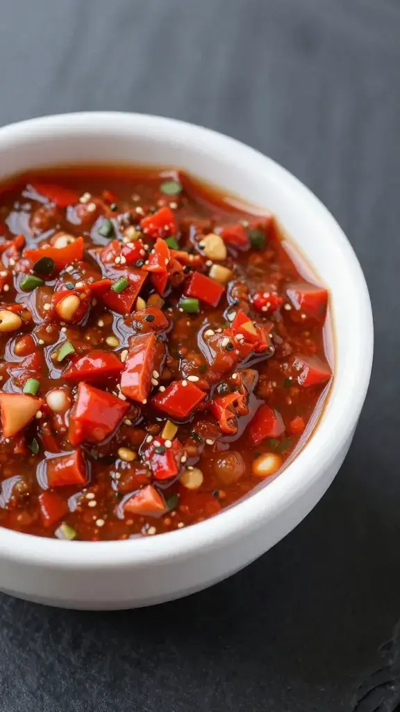 closeup bowl of chimichurri roja on dark slate