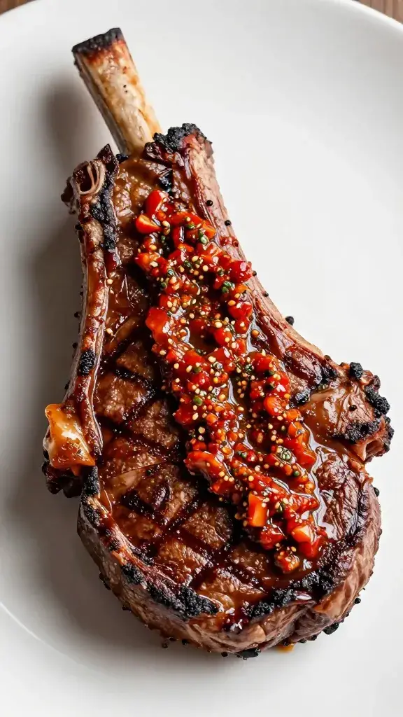 grilled ribeye topped with glossy chimichurri roja