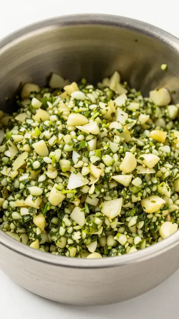 minced garlic pile for chimichurri in stainless ramekin