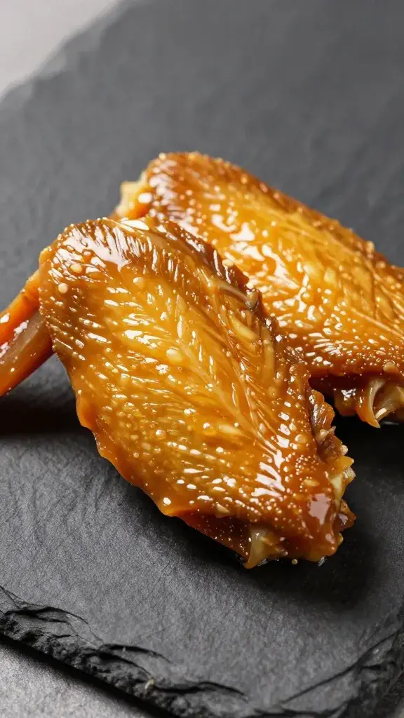 closeup of glossy Vietnamese lemongrass caramel wing on slate