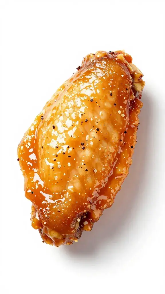 single caramel-glazed chicken wing with cracked pepper flecks