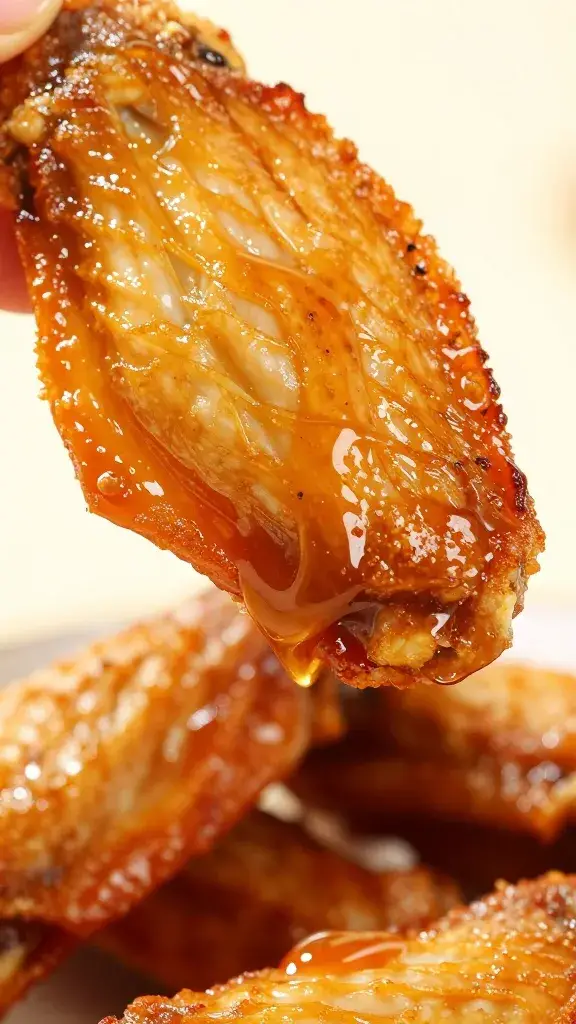 macro shot of sticky caramel drips on crispy wing skin