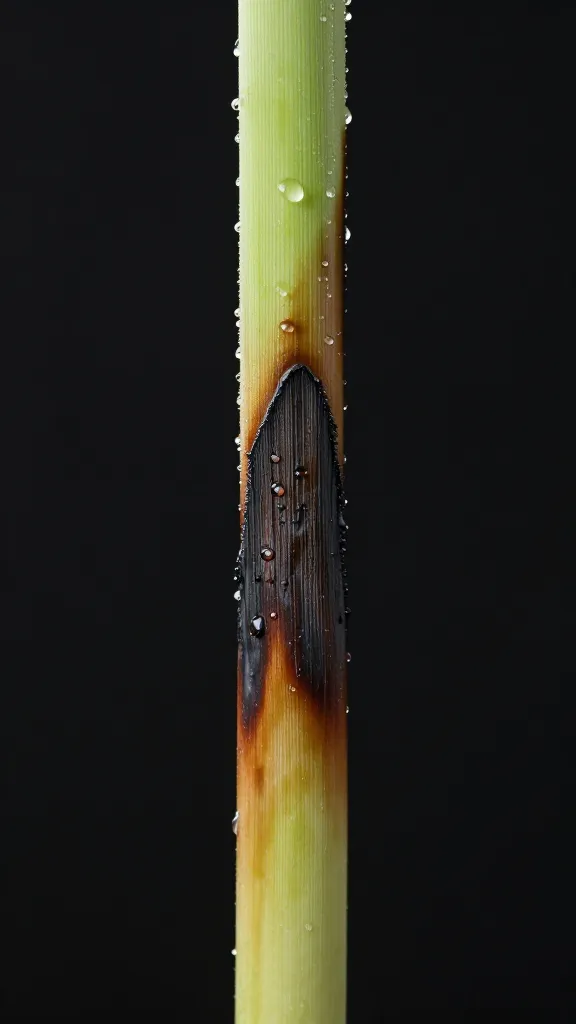 charred lemongrass stalk, dewy and backlit on dark background