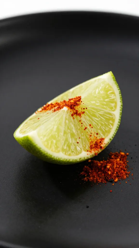 single lime wedge with chili salt dusting on black plate