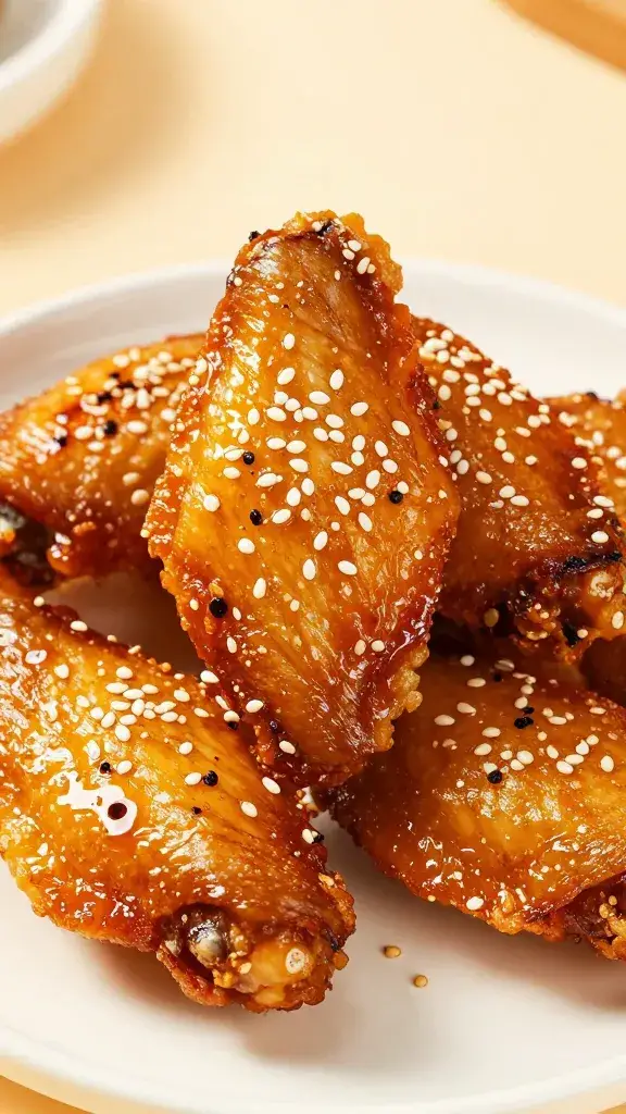 crispy chicken wing with blistered skin, sesame garnish