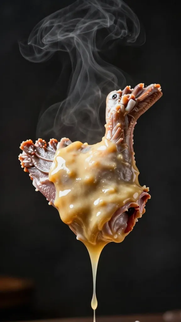 single wing tossed in glaze, steam rising, moody backdrop