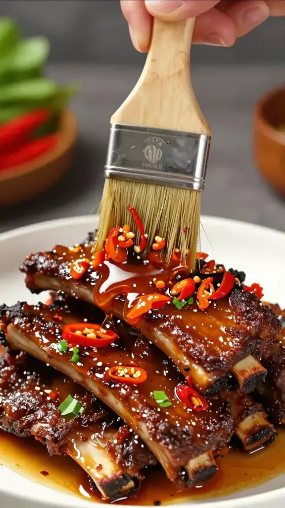 Brush dripping Thai tamarind chili mop onto rib