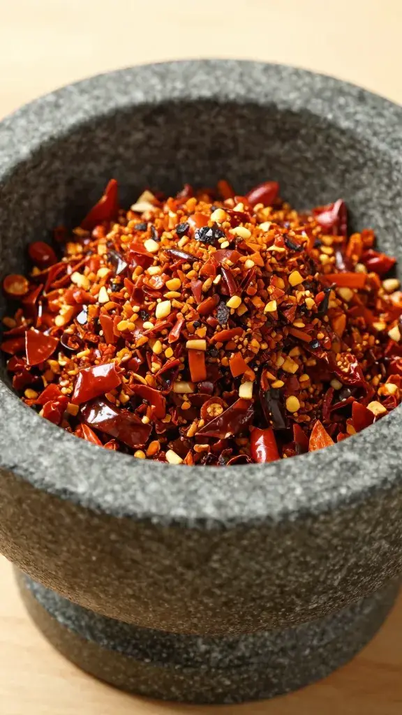 Roasted dried chilies crushed in stone mortar