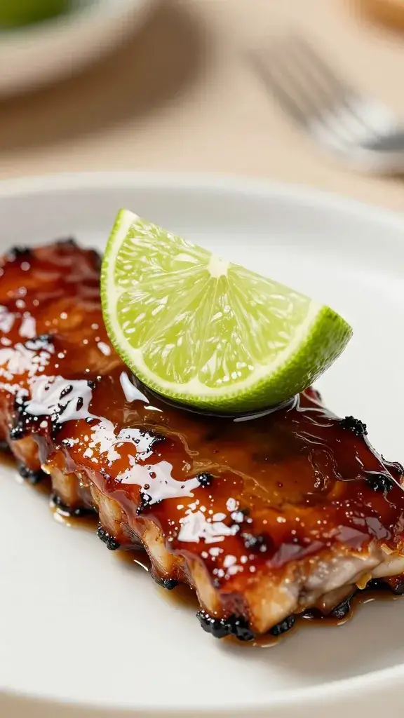 Lime wedge squeezed over glossy rib glaze