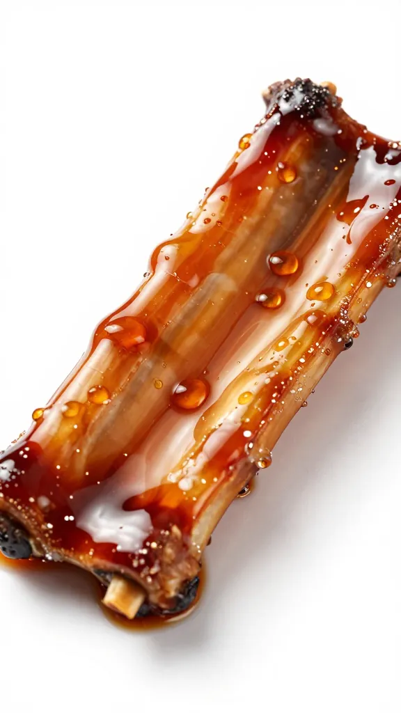 Fish sauce droplets on rib glaze surface