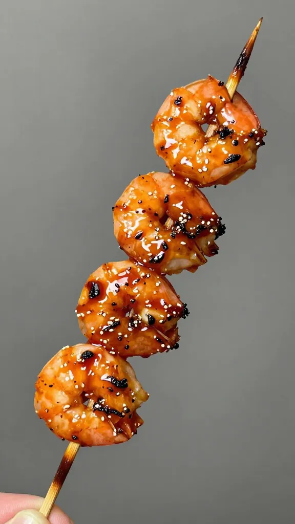 charred shrimp skewer coated in sweet-heat gochujang glaze
