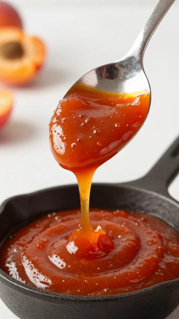 cast-iron spoonful of gochujang apricot glaze, viscous drip