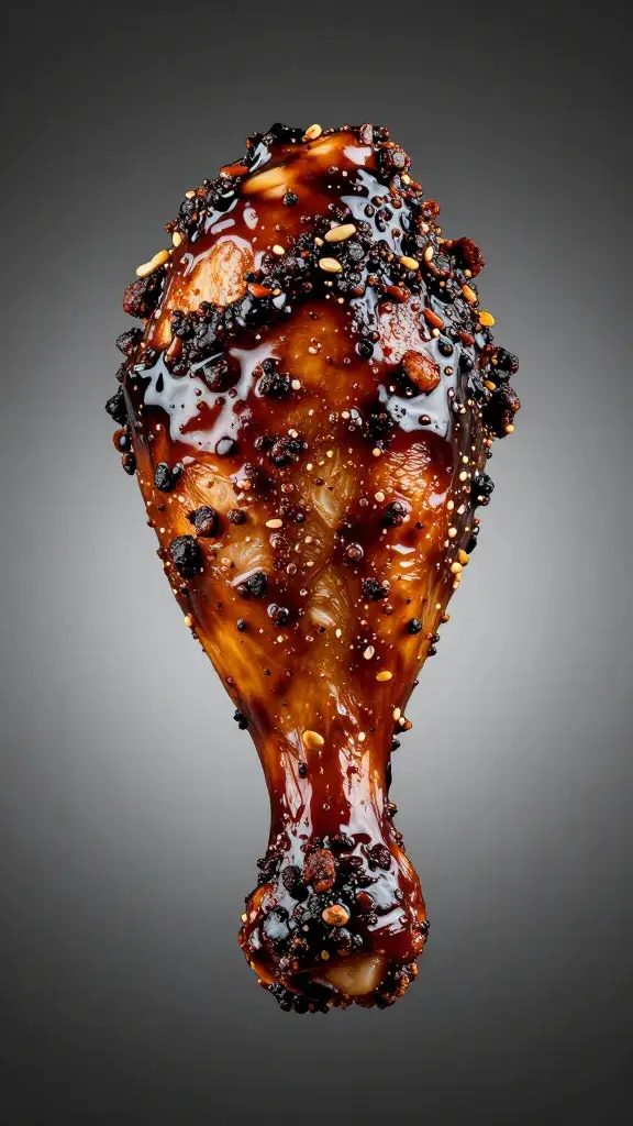 single drumstick glazed with dark rum jerk, studio lighting