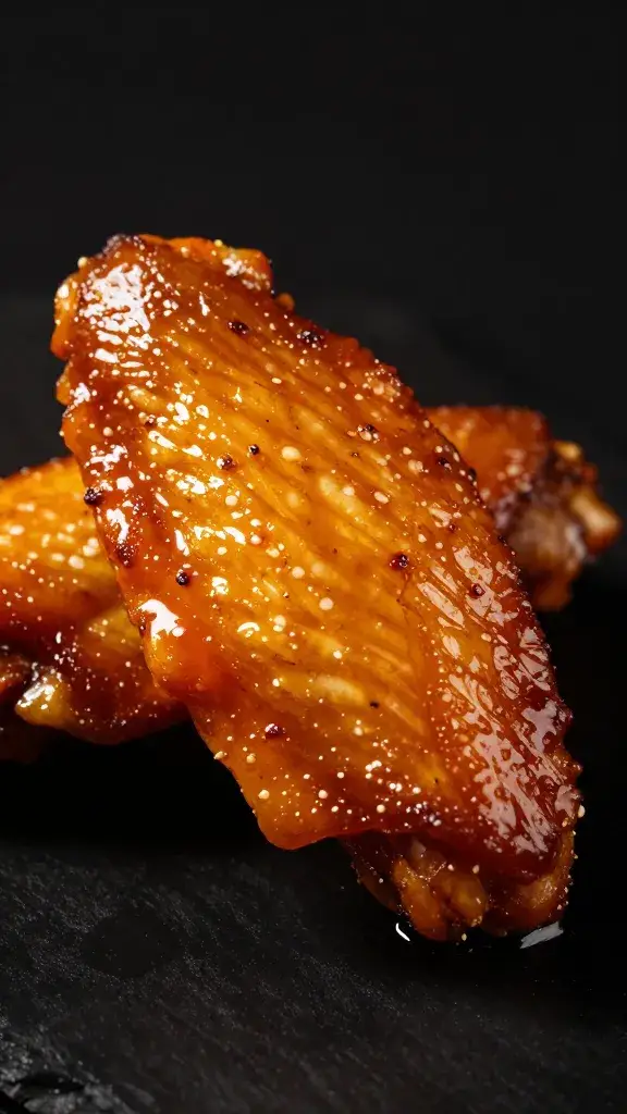 caramelized jerk chicken wing, sticky sheen, black background