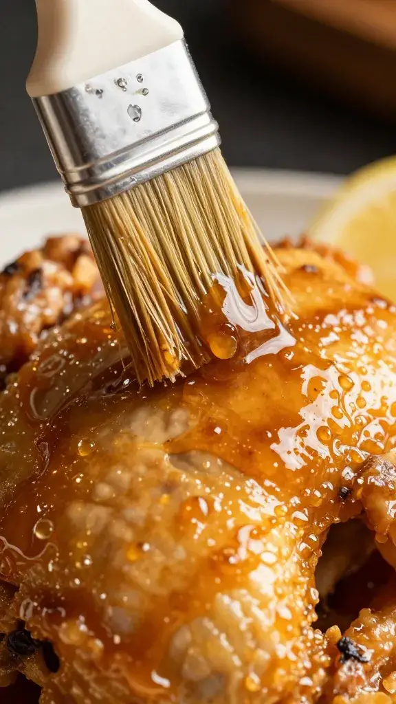 brushed-on rum glaze dripping from chicken skin, macro