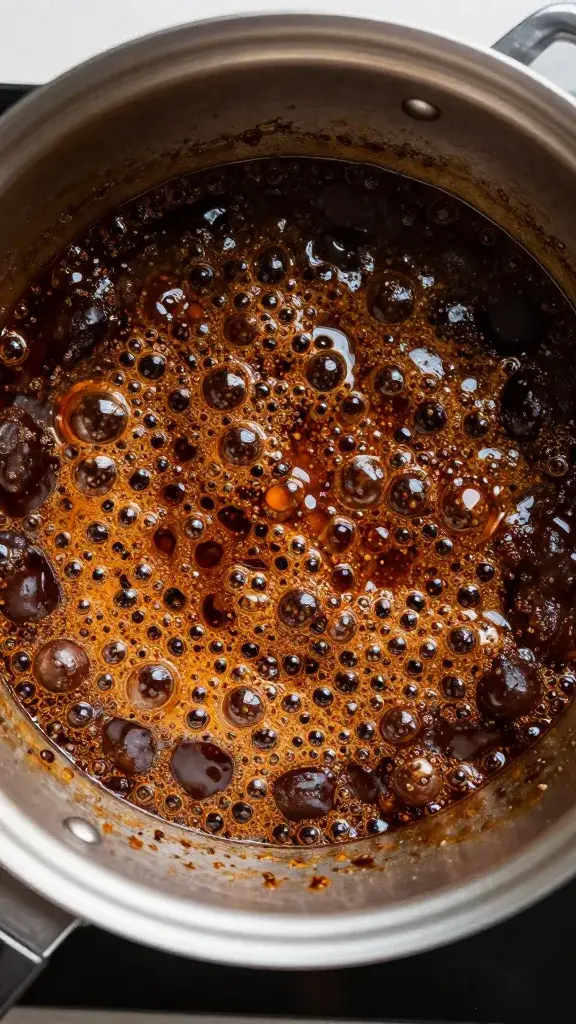bubbling rum jerk glaze in small saucepan, overhead closeup