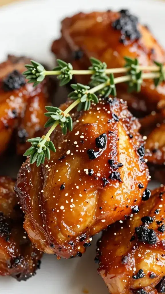 sprig of thyme resting on lacquered jerk chicken, macro