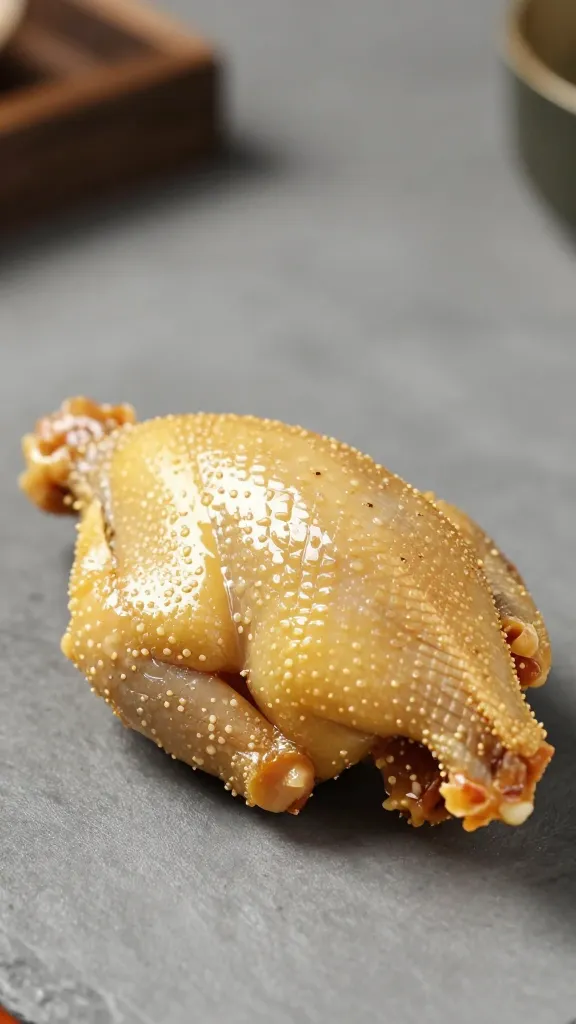 single Scotch bonnet beside lacquered chicken skin, shallow focus