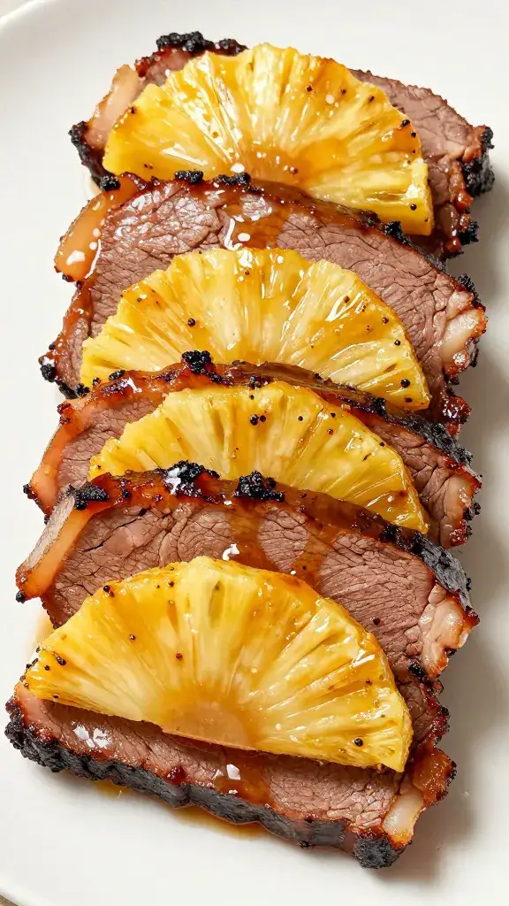 Sliced brisket end-piece with glossy pineapple guava glaze
