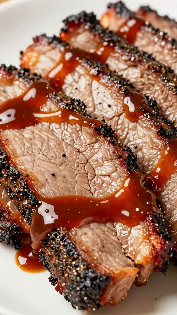 Closeup barky brisket slice brushed with tropical BBQ sauce