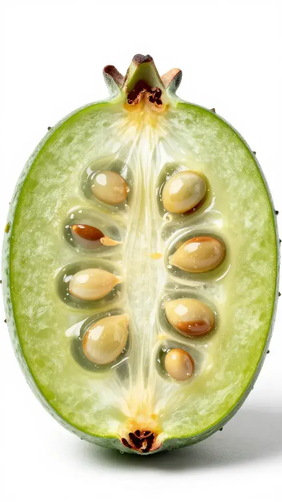 Single feijoa fruit halved, seeds glistening, macro