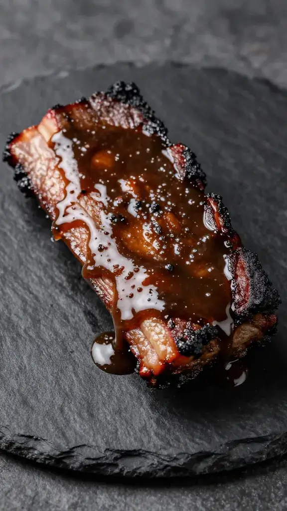 Sauce-dipped brisket burnt end on black slate
